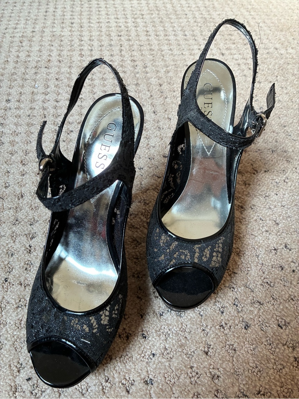 GUESS Black Lace Peep-Toe Slingback Heels with Silver Insole